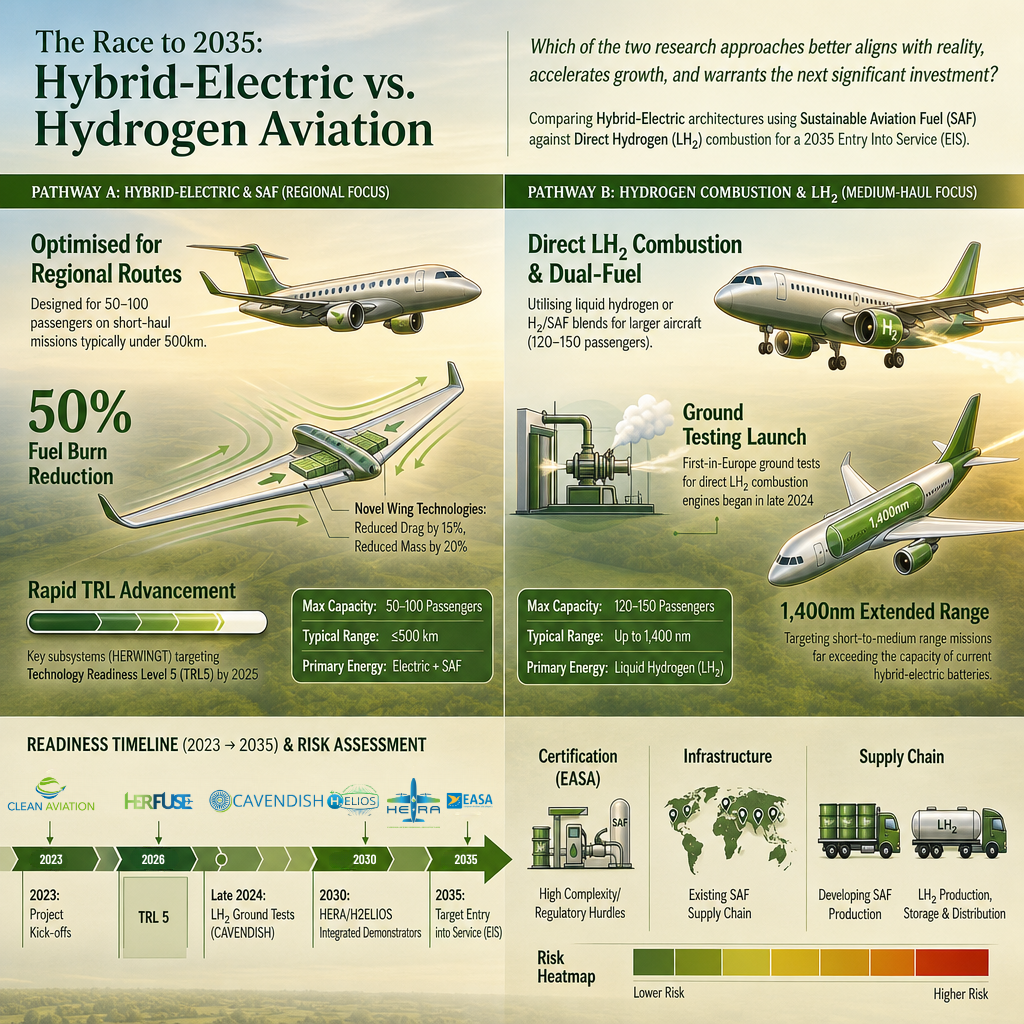 Hybrid Electric and Sustainable Aviation Fuel vs Hydrogen Aviation